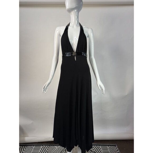 BCBG Max Azria Black Halter Dress W/Beaded Jersey Large Made In China - Picture 14 of 16